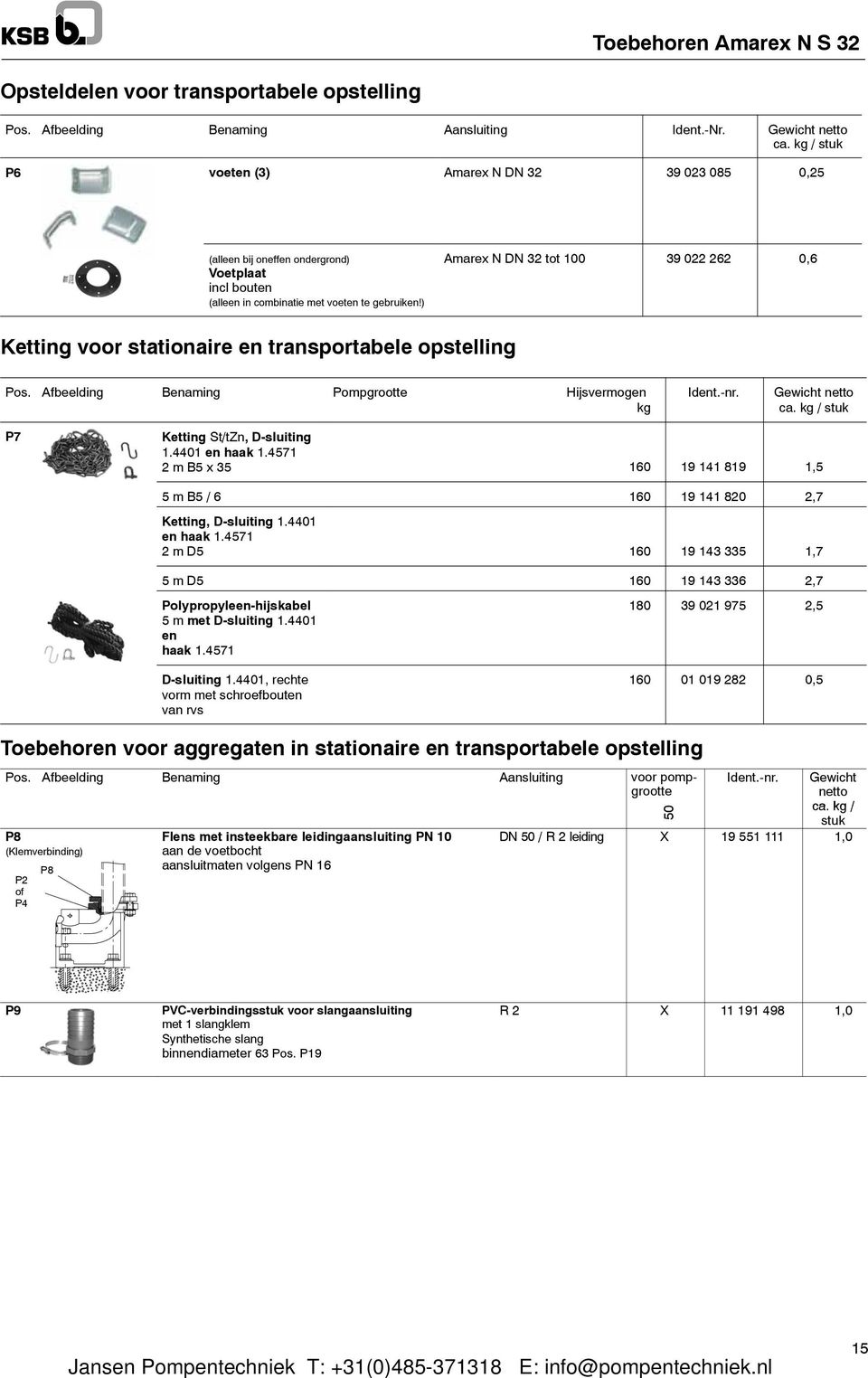 ) Amarex N DN 32 tot 100 39 022 262 0,6 Ketting voor stationaire en transportabele opstelling Pos. Afbeelding Benaming Pompgrootte Hijsvermogen kg Ident.-nr. Gewicht netto ca.