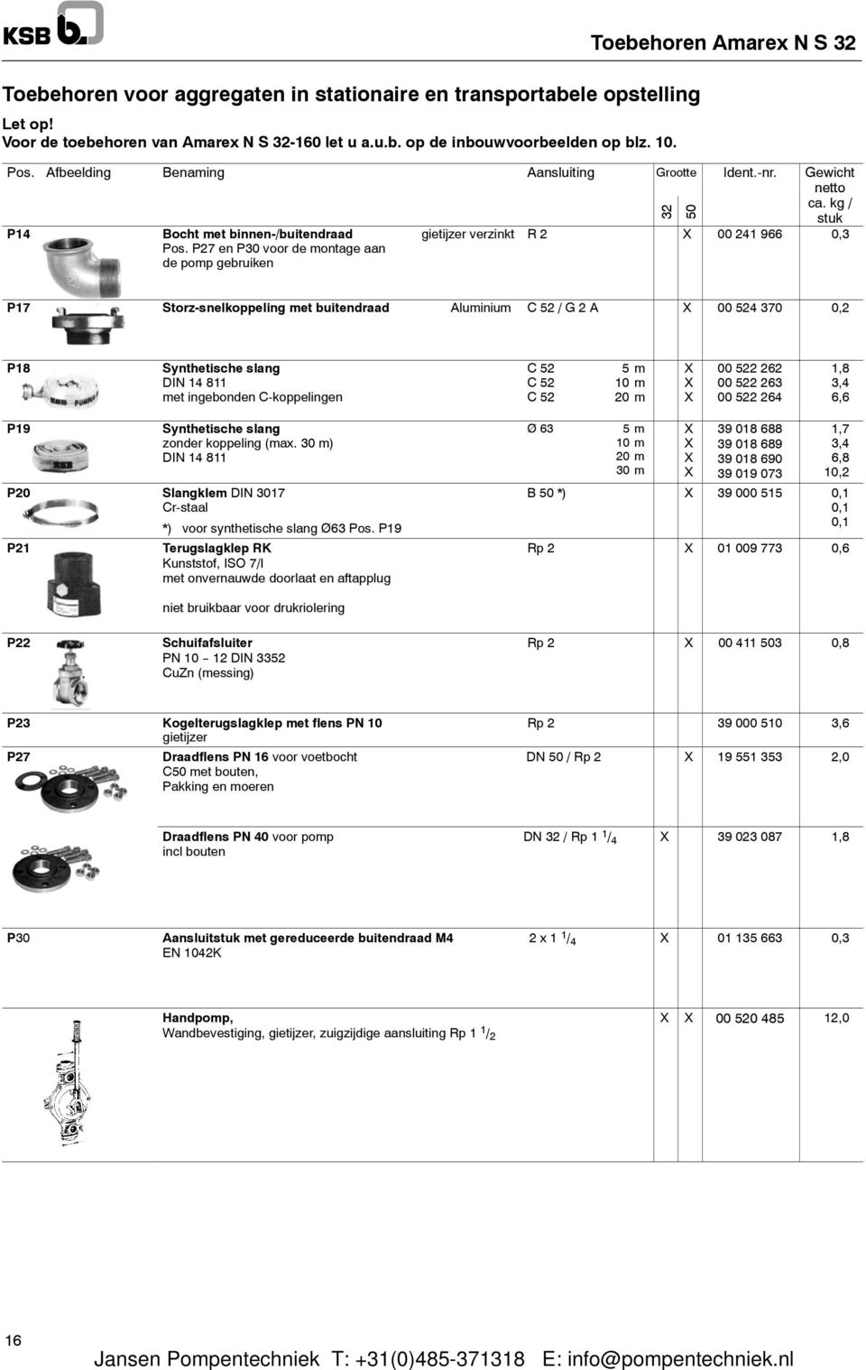 P27 en P30 voor de montage aan de pomp gebruiken 32 50 P17 Storz-snelkoppeling met buitendraad Aluminium C52/G2A X 00 524 370 0,2 P18 Synthetische slang DIN 14 811 met ingebonden C-koppelingen C52