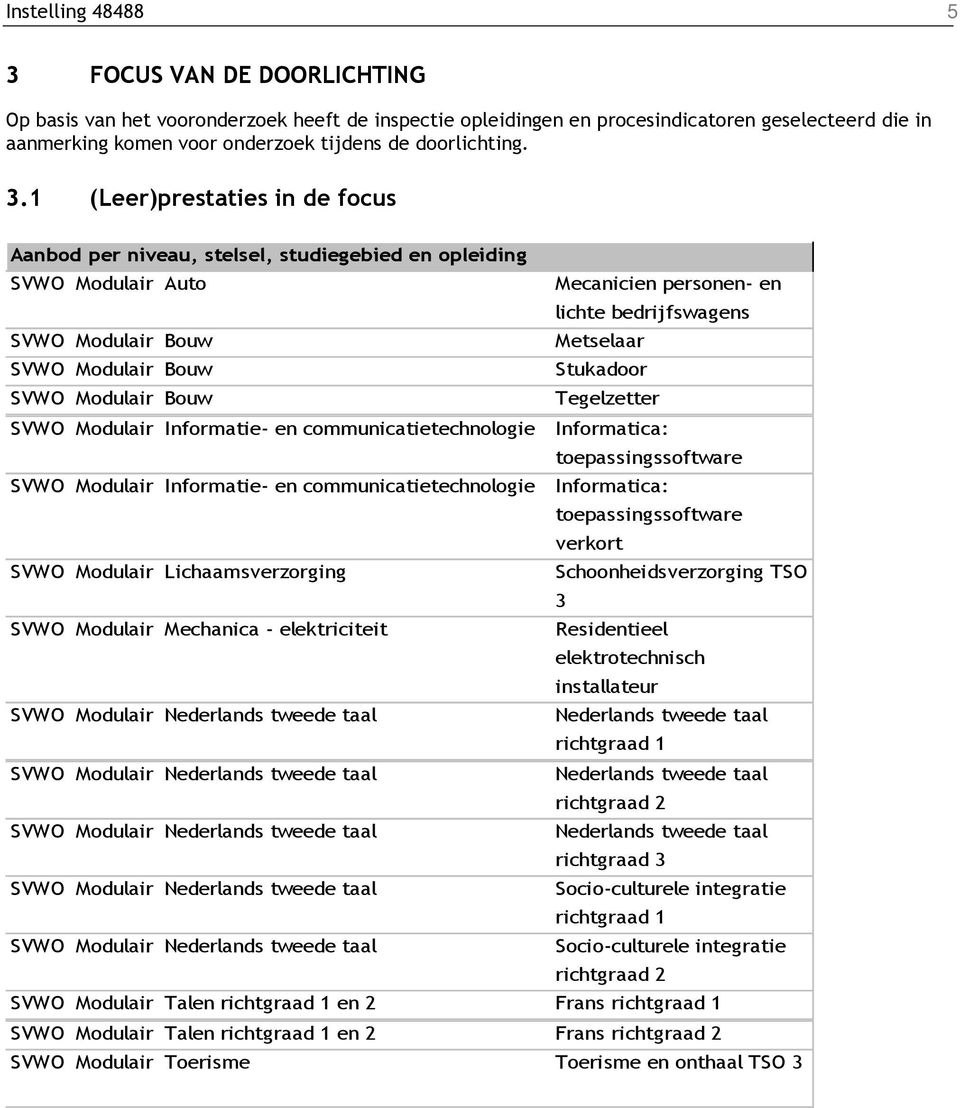 1 (Leer)prestaties in de focus Aanbod per niveau, stelsel, studiegebied en opleiding SVWO Modulair Auto Mecanicien personen- en lichte bedrijfswagens SVWO Modulair Bouw Metselaar SVWO Modulair Bouw