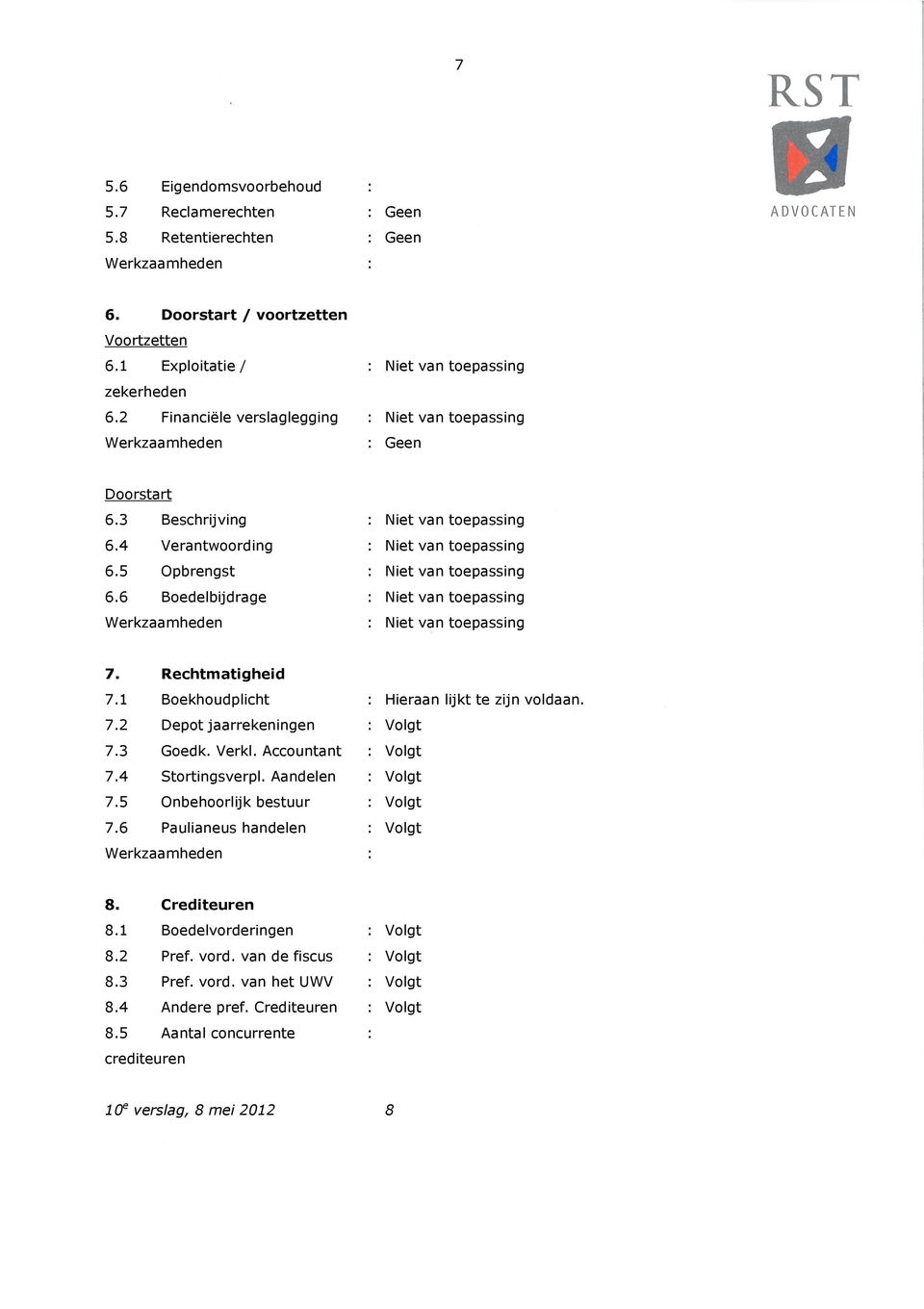 6 Boedelbijdrage : Niet van toepassing Werkzaamheden : Niet van toepassing 7. Rechtmatigheid 7.1 Boekhoudplicht : Hieraan lijkt te zijn voldaan. 7.2 Depot jaarrekeningen : Volgt 7.3 Goedk. Verkl.