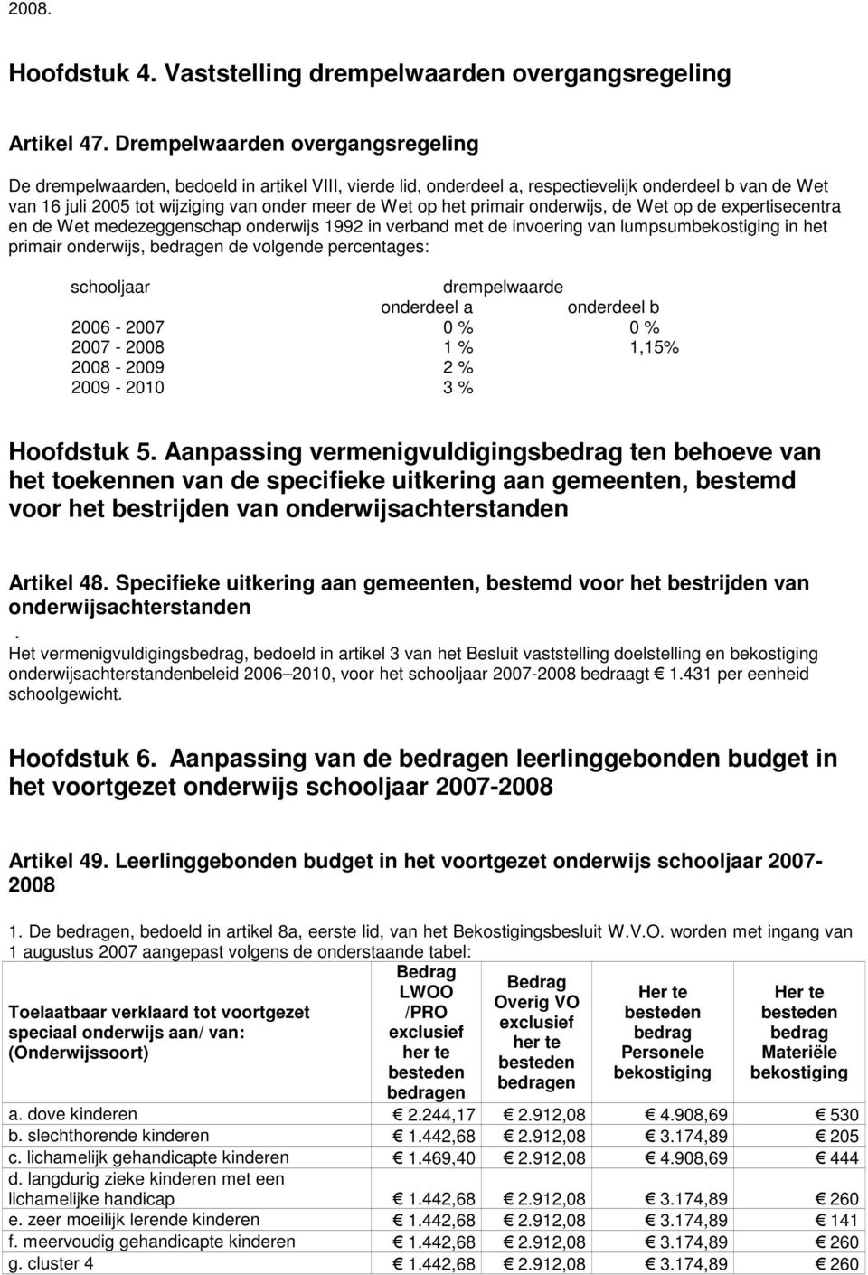 het primair onderwijs, de Wet op de expertisecentra en de Wet medezeggenschap onderwijs 1992 in verband met de invoering van lumpsumbekostiging in het primair onderwijs, bedragen de volgende