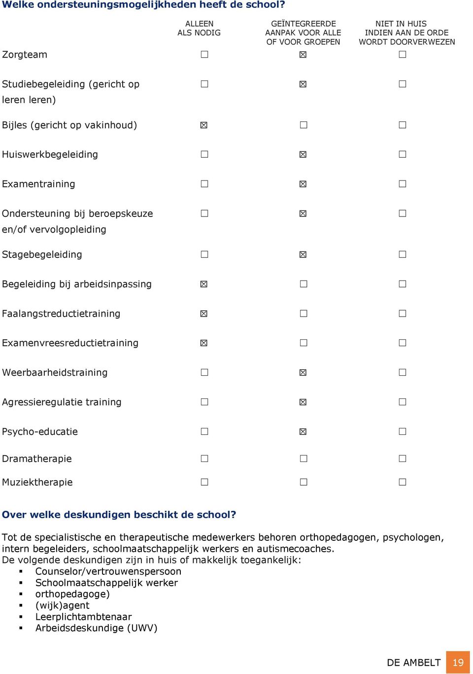 Huiswerkbegeleiding Examentraining Ondersteuning bij beroepskeuze en/of vervolgopleiding Stagebegeleiding Begeleiding bij arbeidsinpassing Faalangstreductietraining Examenvreesreductietraining