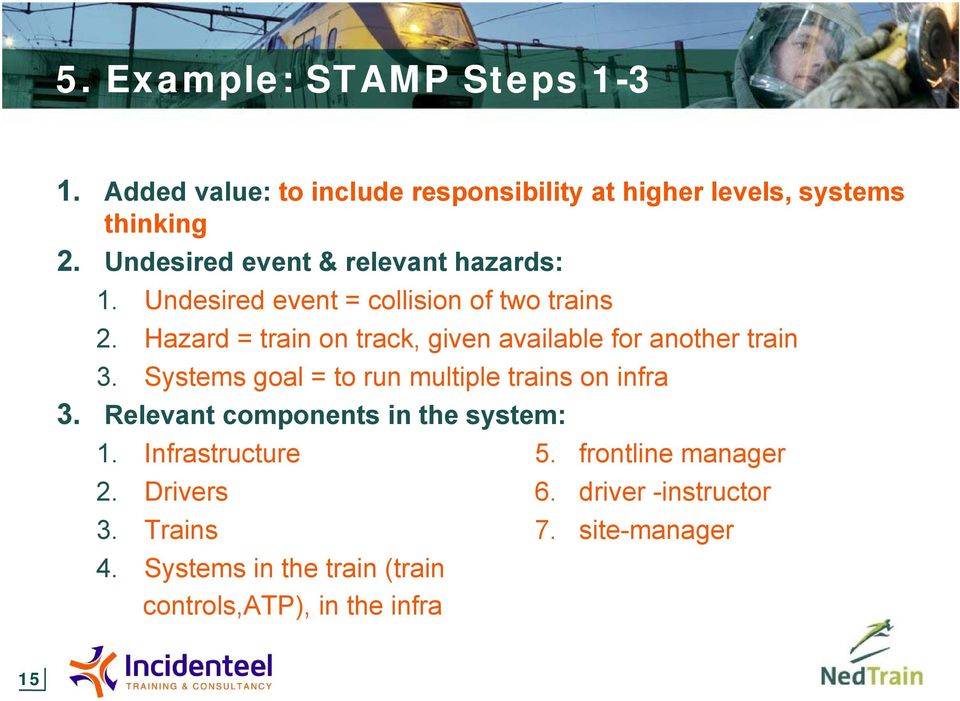 Hazard = train on track, given available for another train 3. Systems goal = to run multiple trains on infra 3.