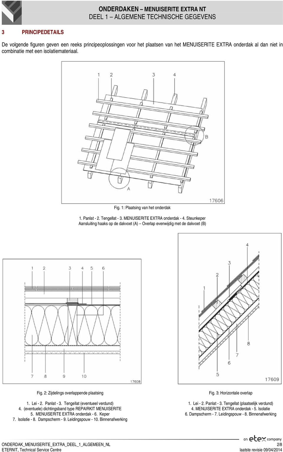 2: Zijdelings overlappende plaatsing Fig. 3: Horizontale overlap 1. Lei - 2. Panlat - 3. Tengellat (eventueel verdund) 1. Lei - 2. Panlat - 3. Tengellat (plaatselijk verdund) 4.