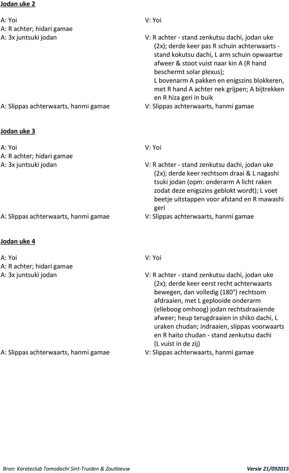 achterwaarts, hanmi gamae V: Slippas achterwaarts, hanmi gamae Jodan uke 3 A: Yoi V: Yoi A: R achter; hidari gamae A: 3x juntsuki jodan V: R achter - stand zenkutsu dachi, jodan uke (2x); derde keer