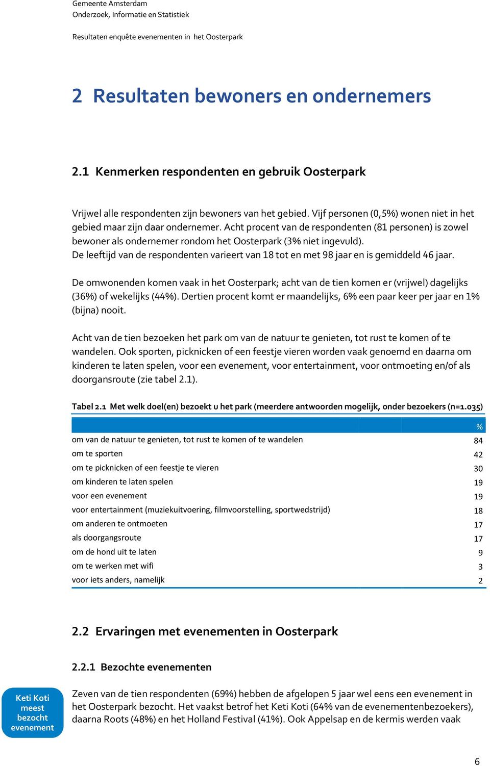 De leeftijd van de respondenten varieert van tot en met jaar en is gemiddeld jaar. De omwonenden komen vaak in het Oosterpark; acht van de tien komen er (vrijwel) dagelijks (%) of wekelijks (%).