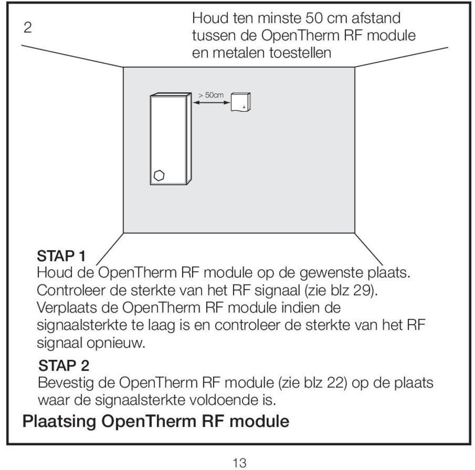 Verplaats de OpenTherm RF module indien de signaalsterkte te laag is en controleer de sterkte van het RF signaal