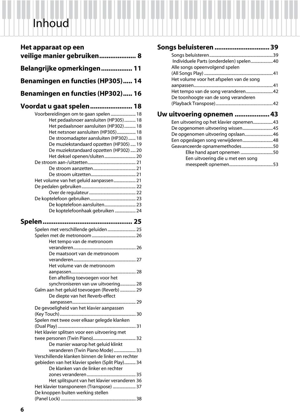 .. 18 De muziekstandaard opzetten (HP305)... 19 De muziekstandaard opzetten (HP302)... 20 Het deksel openen/sluiten... 20 De stroom aan-/uitzetten... 21 De stroom aanzetten... 21 De stroom uitzetten.