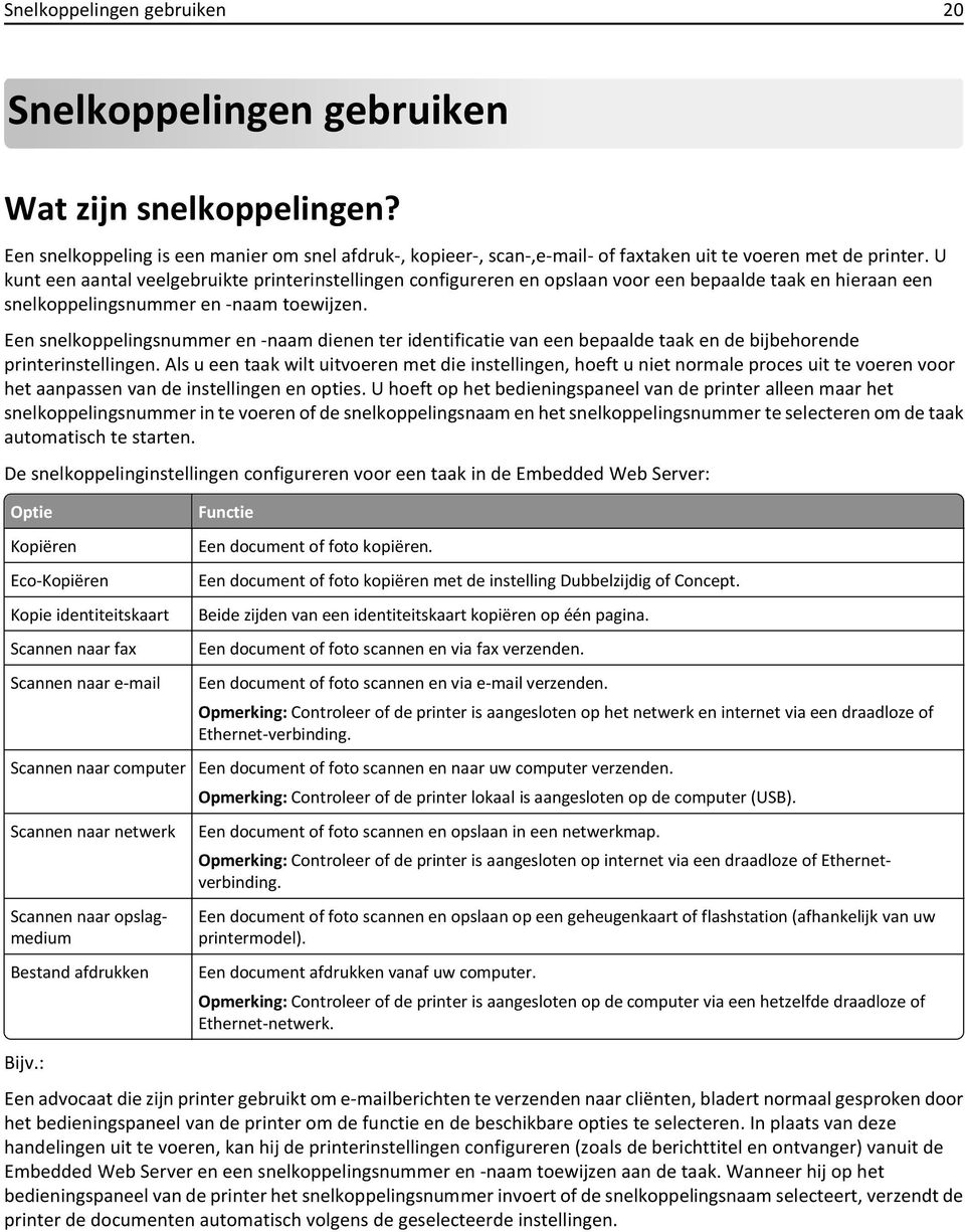 Een snelkoppelingsnummer en -naam dienen ter identificatie van een bepaalde taak en de bijbehorende printerinstellingen.