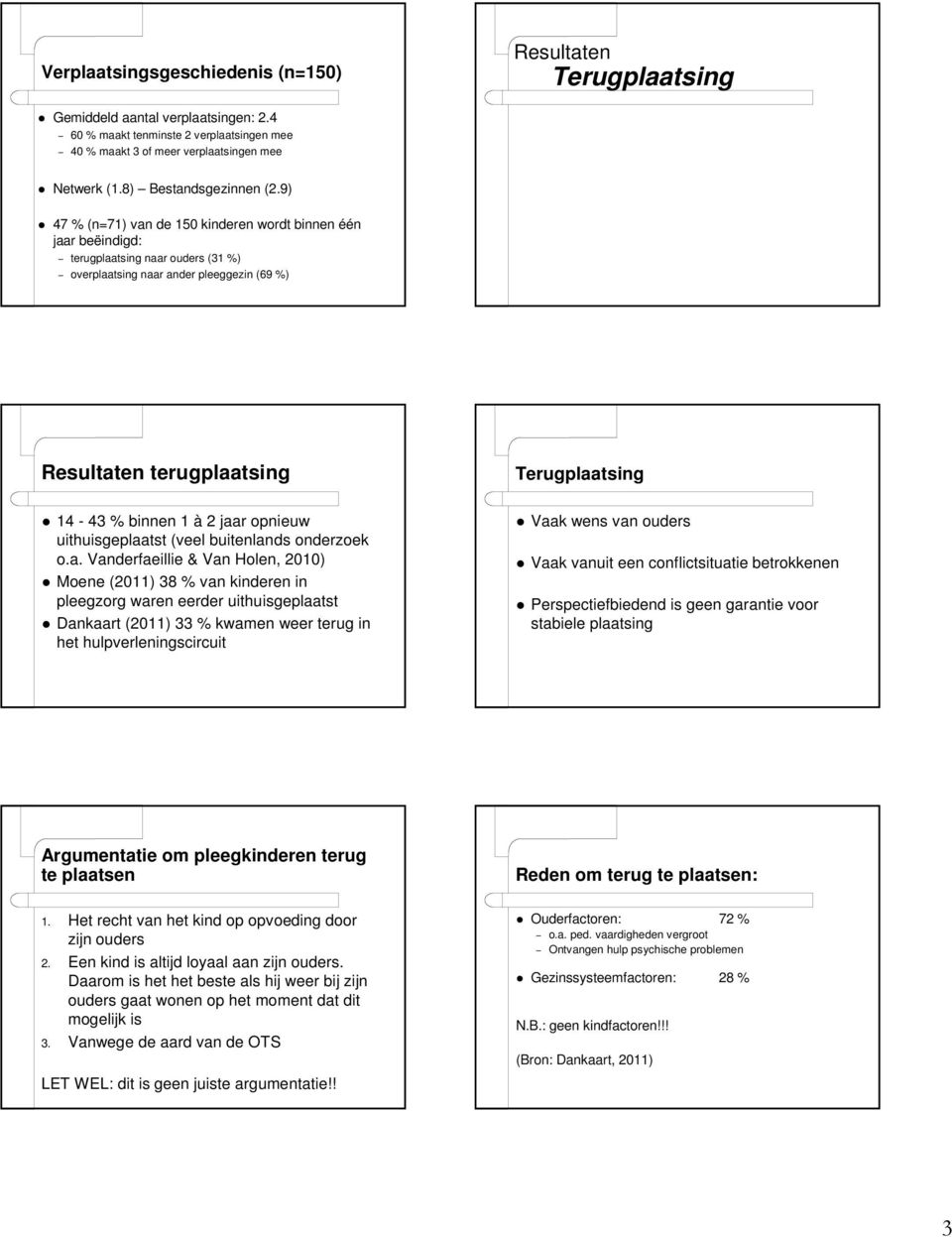 9) 47 % (n=71) van de 150 kinderen wordt binnen één jaar beëindigd: terugplaatsing naar ouders (31 %) overplaatsing naar ander pleeggezin (69 %) Resultaten terugplaatsing 14-43 % binnen 1 à 2 jaar