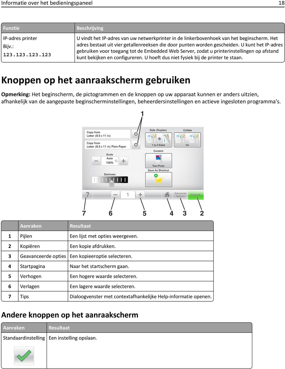 U kunt het IP-adres gebruiken voor toegang tot de Embedded Web Server, zodat u printerinstellingen op afstand kunt bekijken en configureren. U hoeft dus niet fysiek bij de printer te staan.