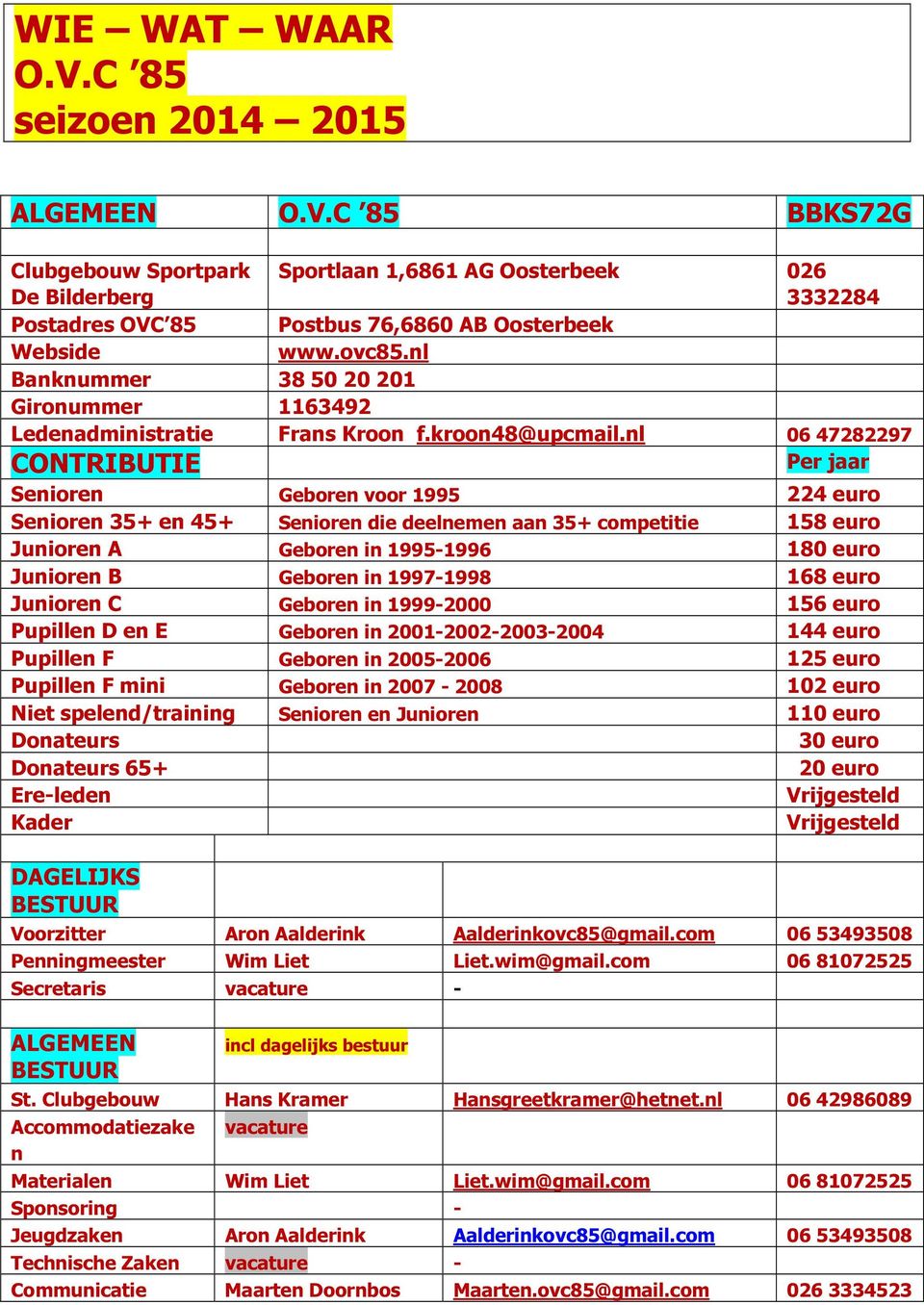 nl 06 47282297 Per jaar CONTRIBUTIE Senioren Geboren voor 1995 224 euro Senioren 35+ en 45+ Senioren die deelnemen aan 35+ competitie 158 euro Junioren A Geboren in 1995-1996 180 euro Junioren B