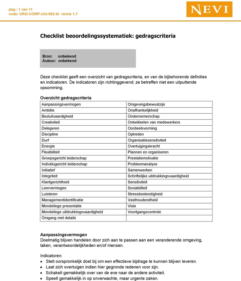 Overzicht gedragscriteria Aanpassingsvermogen Ambitie Besluitvaardigheid Creativiteit Delegeren Discipline Durf Energie Flexibiliteit Groepsgericht leiderschap Individugericht leiderschap Initiatief