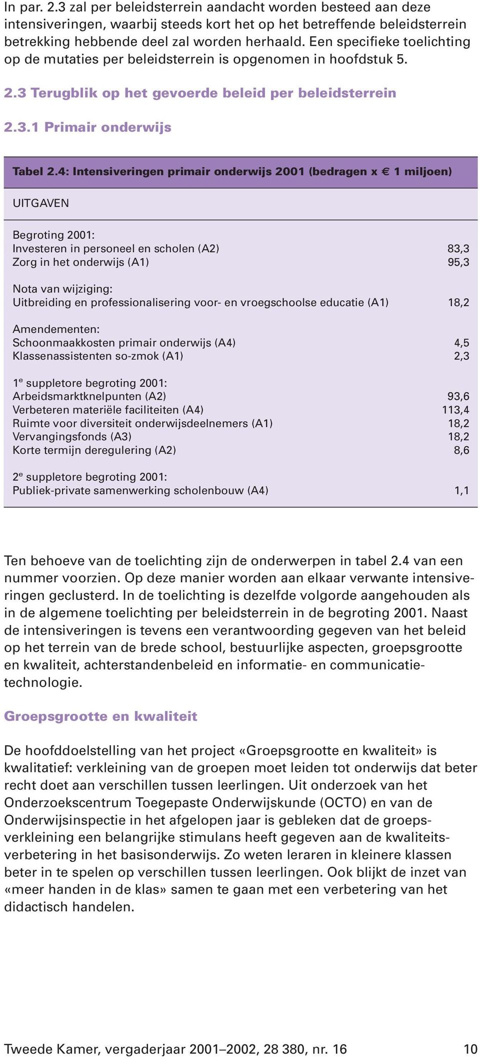 4: Intensiveringen primair onderwijs 2001 (bedragen x 1 miljoen) UITGAVEN Begroting 2001: Investeren in personeel en scholen (A2) 83,3 Zorg in het onderwijs (A1) 95,3 Nota van wijziging: Uitbreiding