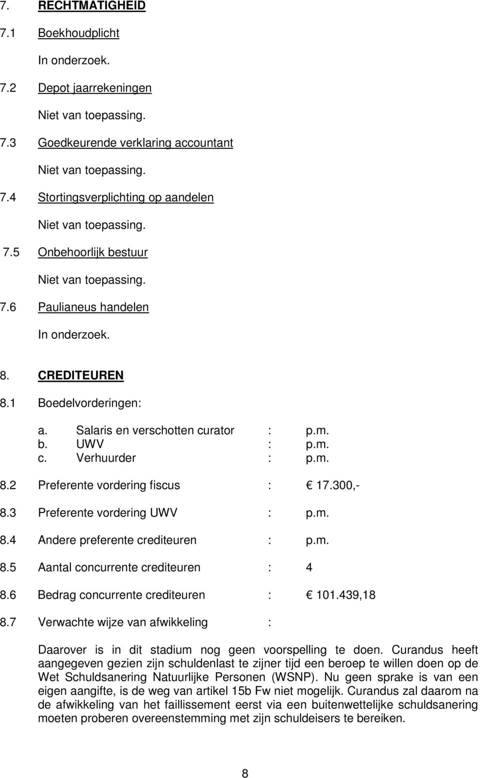 3 Preferente vordering UWV : p.m. 8.4 Andere preferente crediteuren : p.m. 8.5 Aantal concurrente crediteuren : 4 8.6 Bedrag concurrente crediteuren : 101.439,18 8.