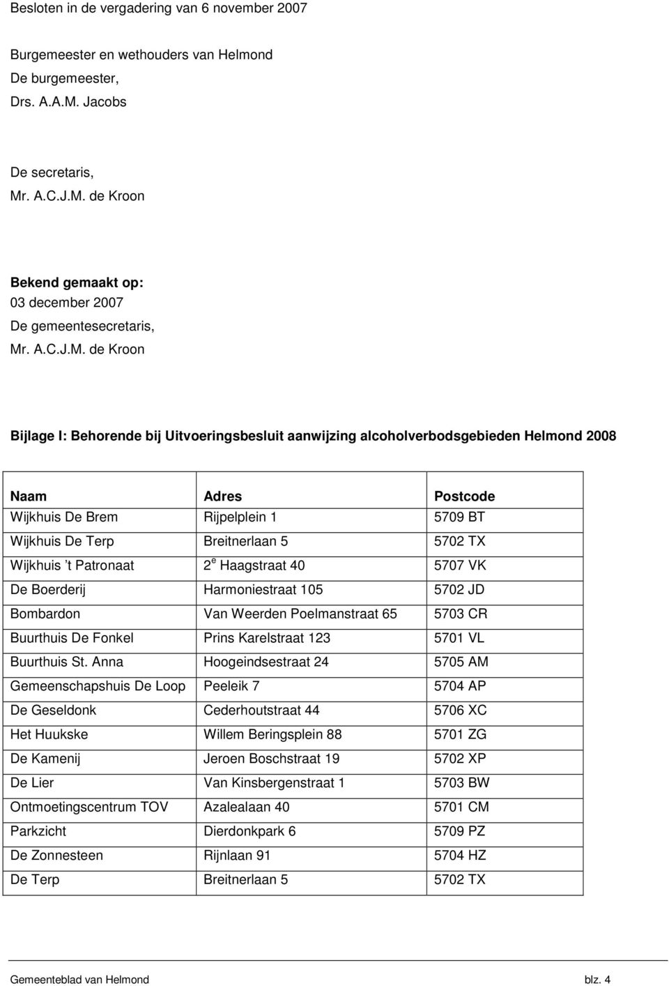 de Kroon Bijlage I: Behorende bij Uitvoeringsbesluit aanwijzing alcoholverbodsgebieden Helmond 2008 Naam Adres Postcode Wijkhuis De Brem Rijpelplein 1 5709 BT Wijkhuis De Terp Breitnerlaan 5 5702 TX