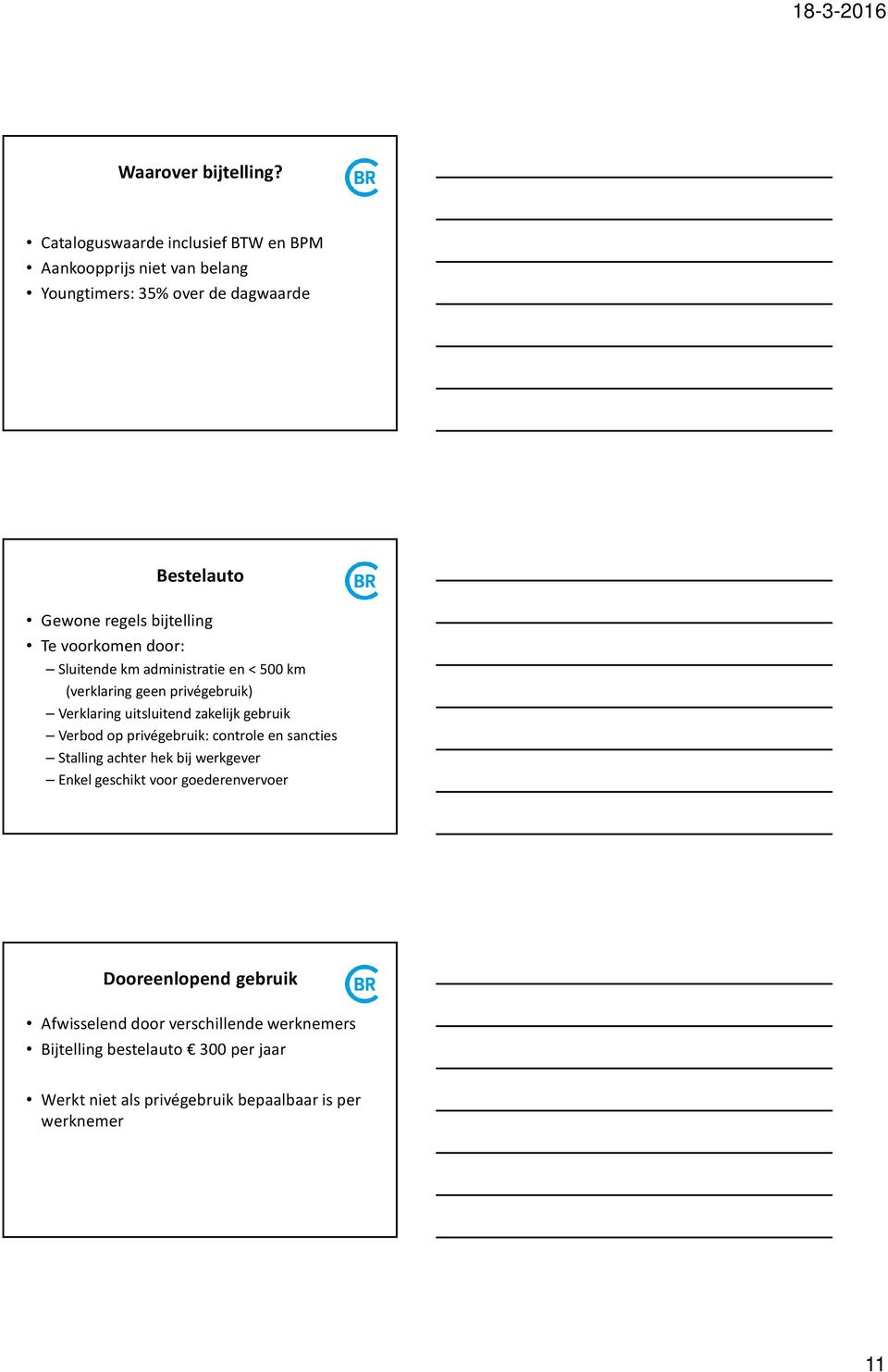 Tevoorkomendoor: Sluitendekm administratie en < 500 km (verklaring geen privégebruik) Verklaring uitsluitend zakelijk gebruik Verbod op