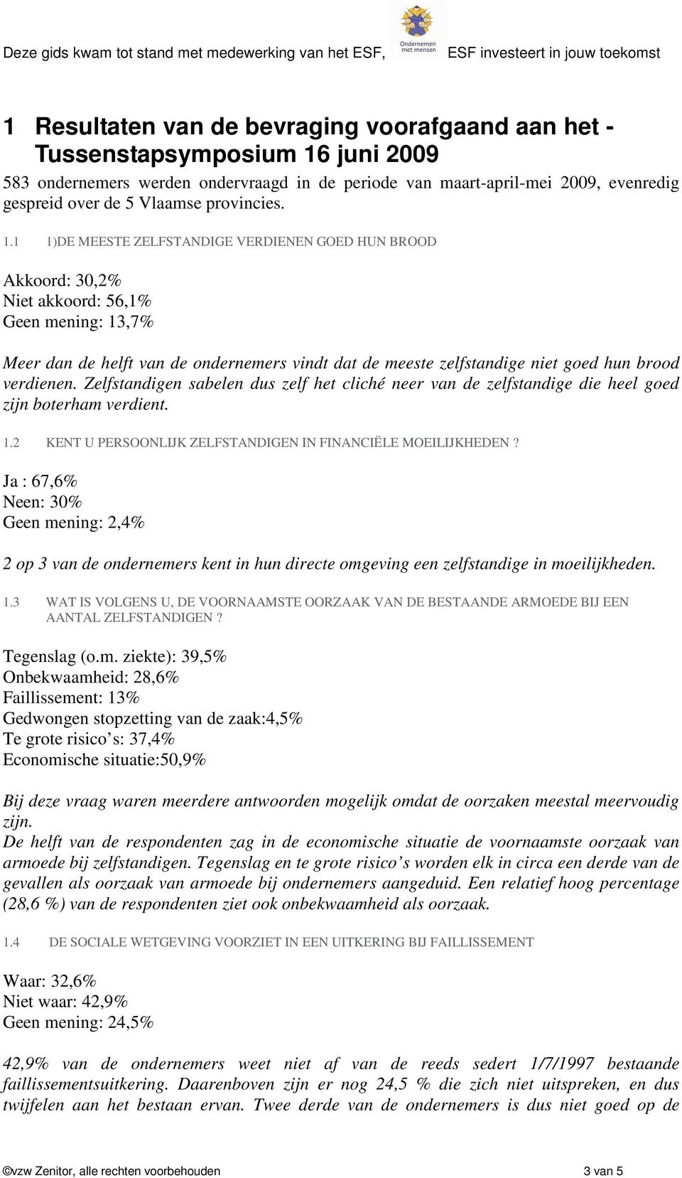 1 1)DE MEESTE ZELFSTANDIGE VERDIENEN GOED HUN BROOD Akkoord: 30,2% Niet akkoord: 56,1% Geen mening: 13,7% Meer dan de helft van de ondernemers vindt dat de meeste zelfstandige niet goed hun brood