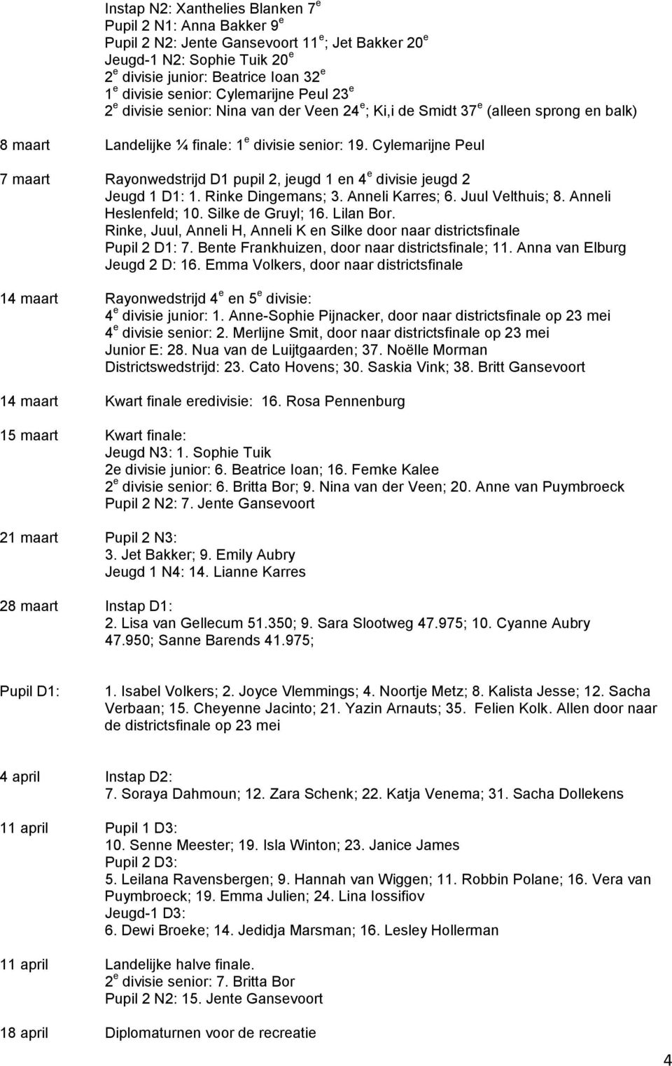 Cylemarijne Peul 7 maart Rayonwedstrijd D1 pupil 2, jeugd 1 en 4 e divisie jeugd 2 Jeugd 1 D1: 1. Rinke Dingemans; 3. Anneli Karres; 6. Juul Velthuis; 8. Anneli Heslenfeld; 10. Silke de Gruyl; 16.