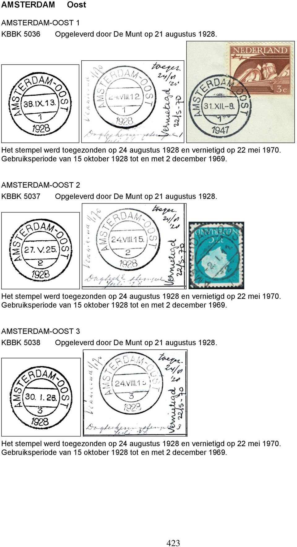 Het stempel werd toegezonden op 24 augustus 1928 en vernietigd op 22 mei 1970. Gebruiksperiode van 15 oktober 1928 tot en met 2 december 1969.