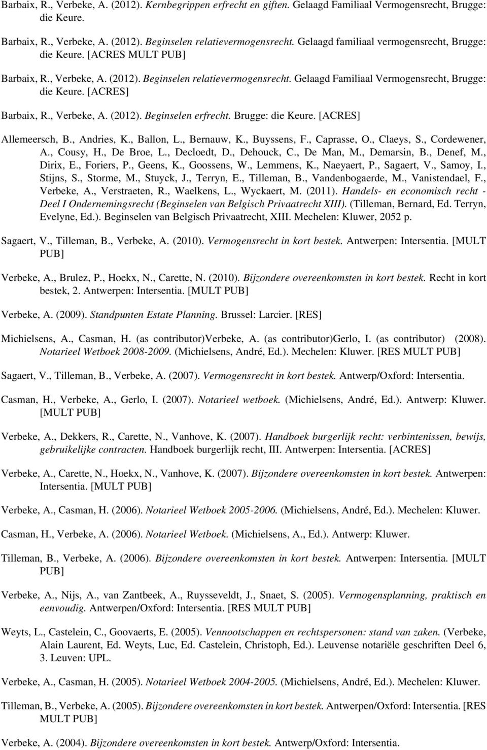 [ACRES] Barbaix, R., Verbeke, A. (2012). Beginselen erfrecht. Brugge: die Keure. [ACRES] Allemeersch, B., Andries, K., Ballon, L., Bernauw, K., Buyssens, F., Caprasse, O., Claeys, S., Cordewener, A.