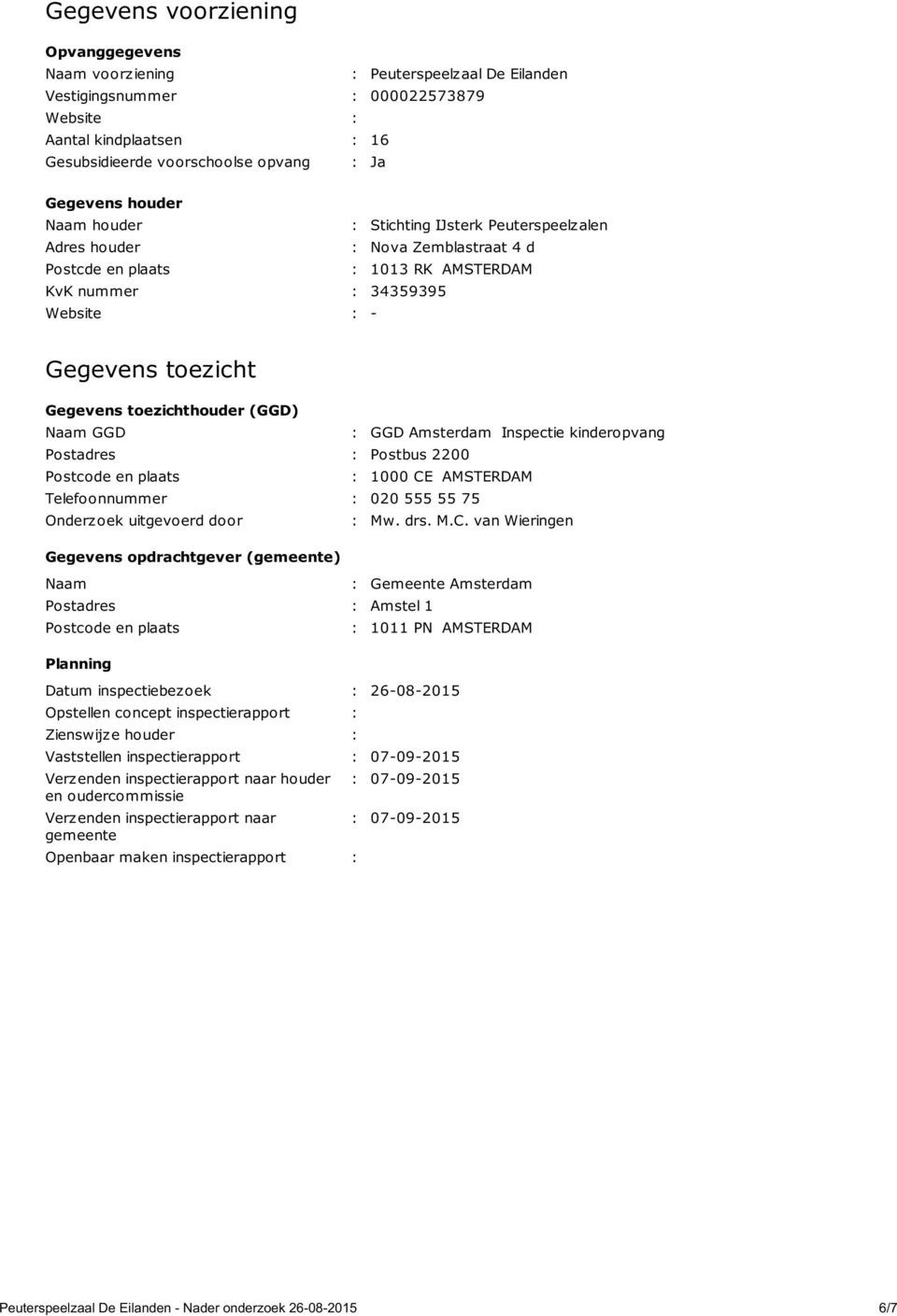 toezichthouder (GGD) Naam GGD : GGD Amsterdam Inspectie kinderopvang Postadres : Postbus 2200 Postcode en plaats : 1000 CE AMSTERDAM Telefoonnummer : 020 555 55 75 Onderzoek uitgevoerd door : Mw. drs.