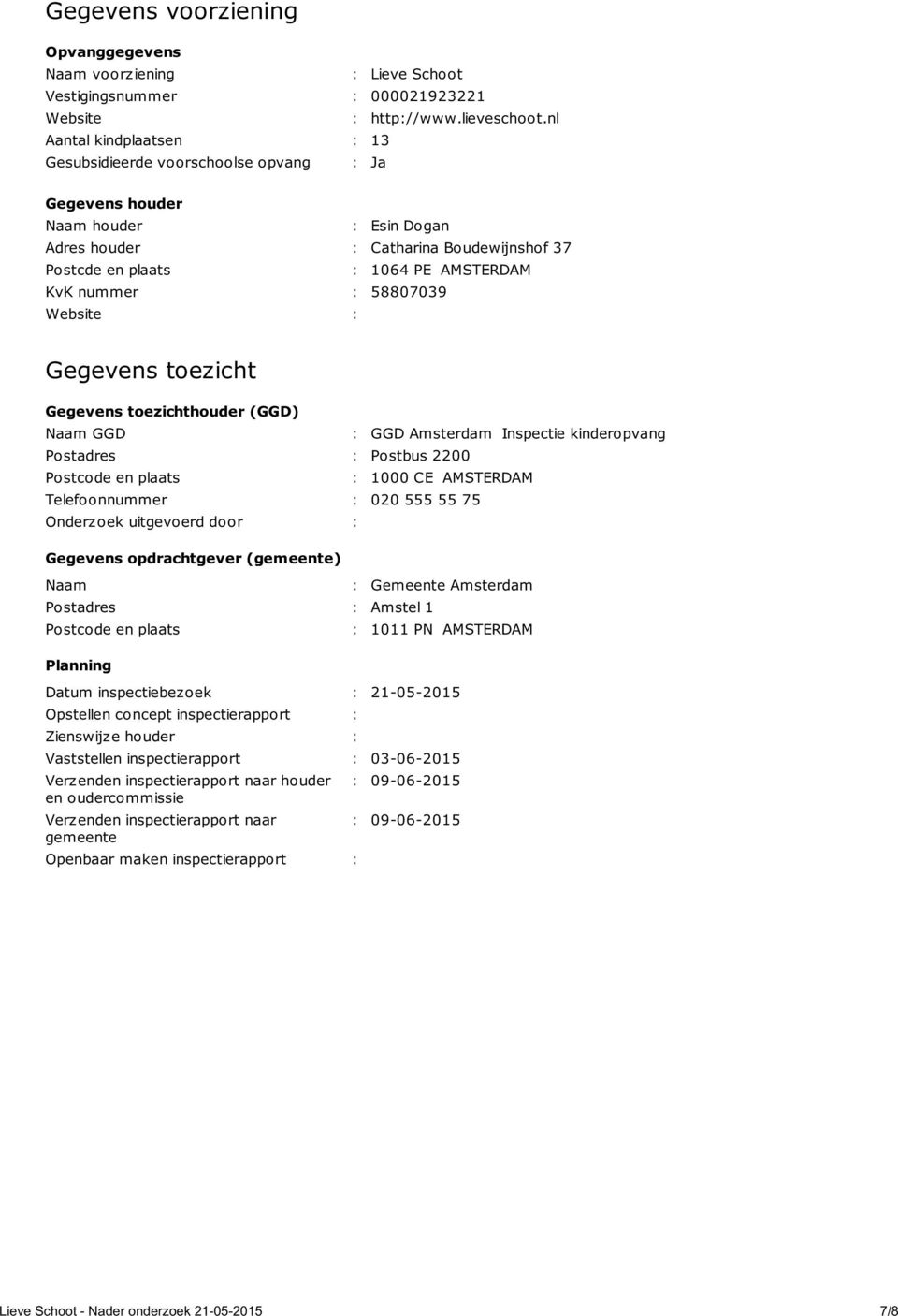 : 58807039 Website : Gegevens toezicht Gegevens toezichthouder (GGD) Naam GGD : GGD Amsterdam Inspectie kinderopvang Postadres : Postbus 2200 Postcode en plaats : 1000 CE AMSTERDAM Telefoonnummer :