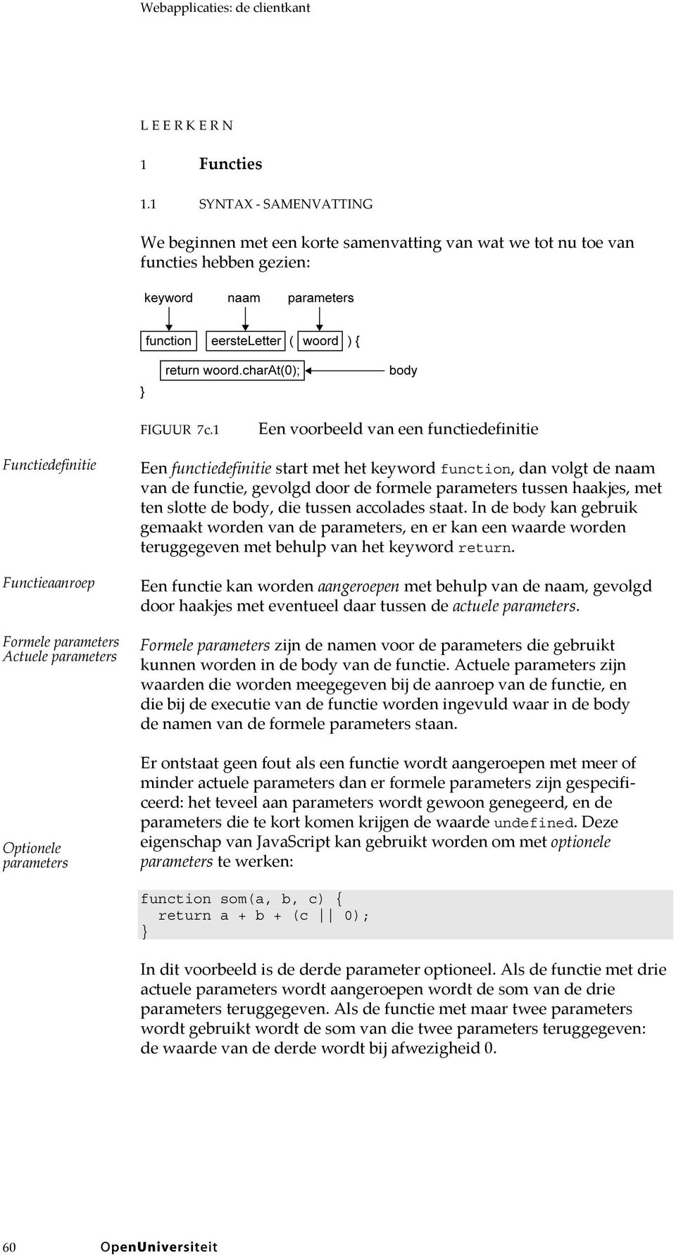 naam van de functie, gevolgd door de formele parameters tussen haakjes, met ten slotte de body, die tussen accolades staat.