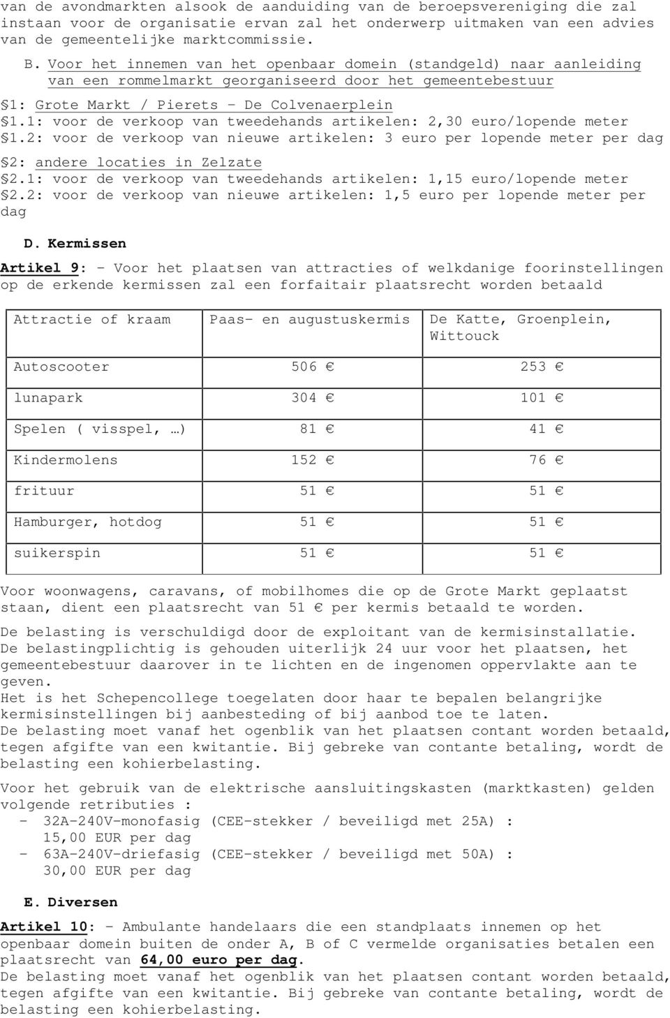 1: voor de verkoop van tweedehands artikelen: 2,30 euro/lopende meter 1.2: voor de verkoop van nieuwe artikelen: 3 euro per lopende meter per dag 2: andere locaties in Zelzate 2.