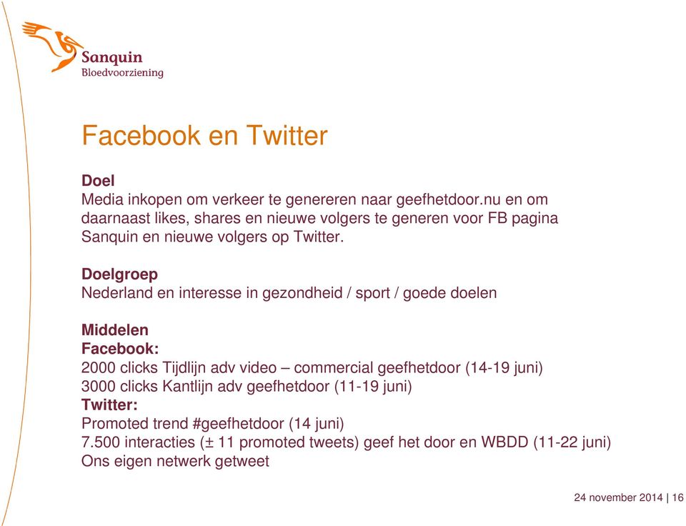 Doelgroep Nederland en interesse in gezondheid / sport / goede doelen Middelen Facebook: 2000 clicks Tijdlijn adv video commercial geefhetdoor