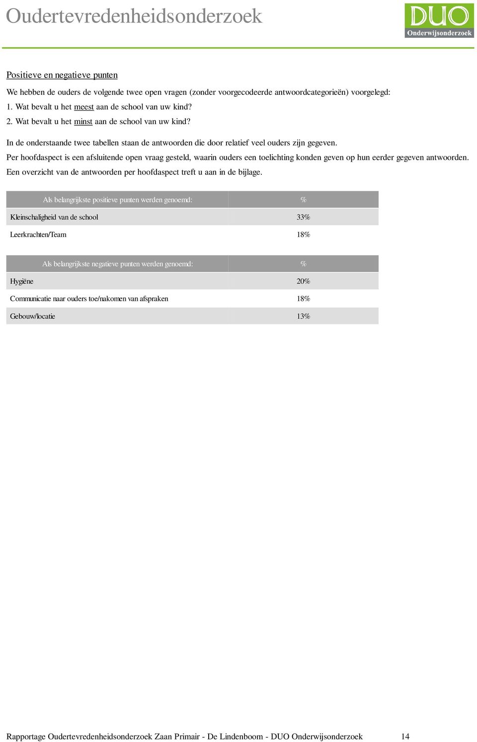 Per hoofdaspect is een afsluitende open vraag gesteld, waarin ouders een toelichting konden geven op hun eerder gegeven antwoorden.