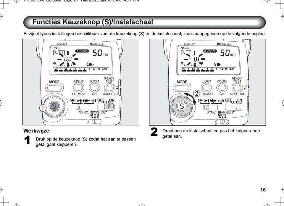 types instellingen beschikbaar voor de keuzeknop (S) en de instelschaal, zoals aangegeven