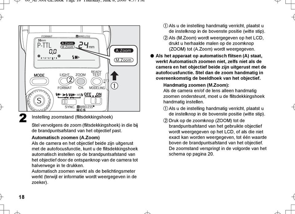 Zoom) Als de camera en het objectief beide zijn uitgerust met de autofocusfunctie, kunt u de flitsdekkingshoek automatisch instellen op de brandpuntsafstand van het objectief door de ontspanknop van