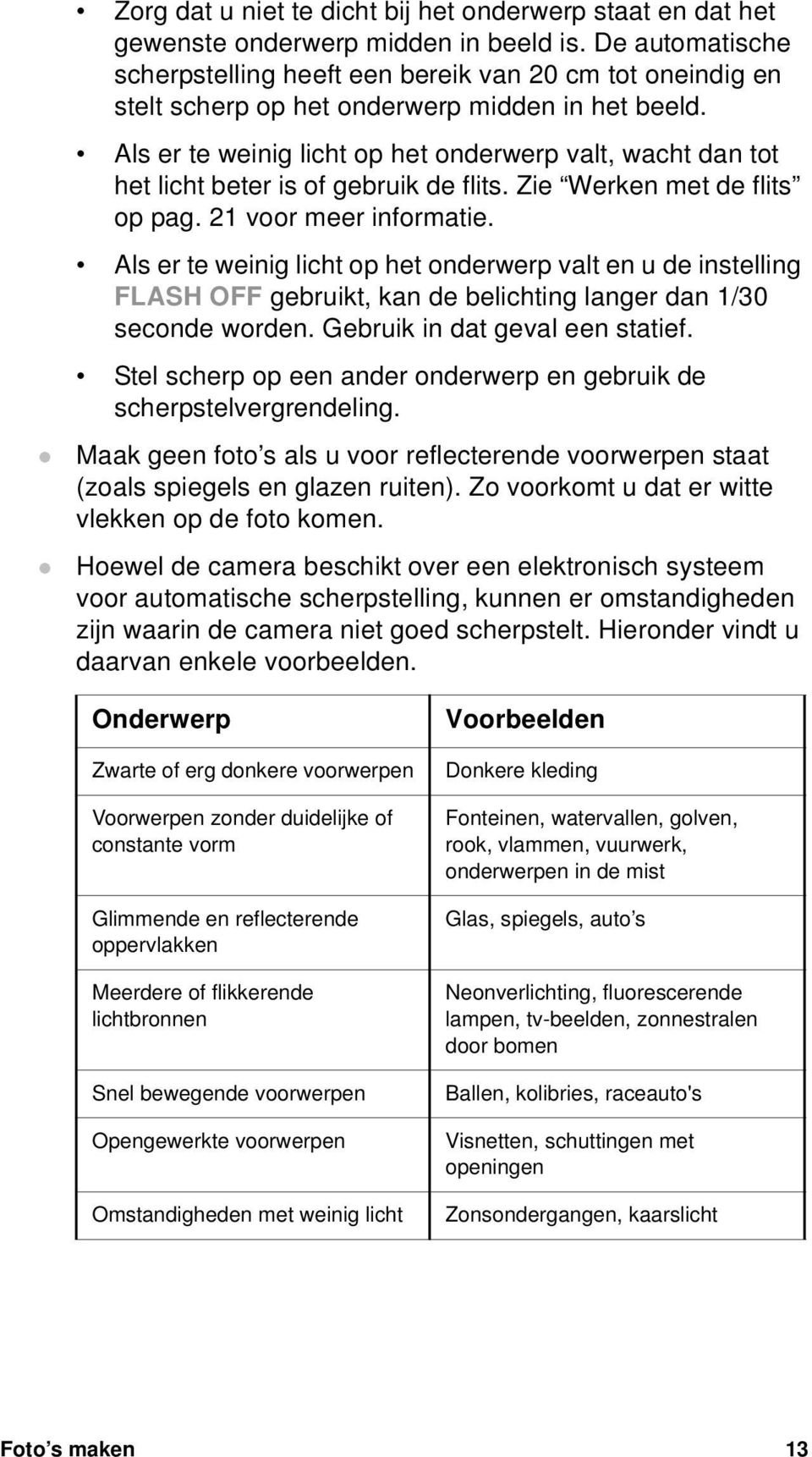 As er te weinig icht op het onderwerp vat, wacht dan tot het icht beter is of gebruik de fits. Zie Werken met de fits op pag. 21 voor meer informatie.