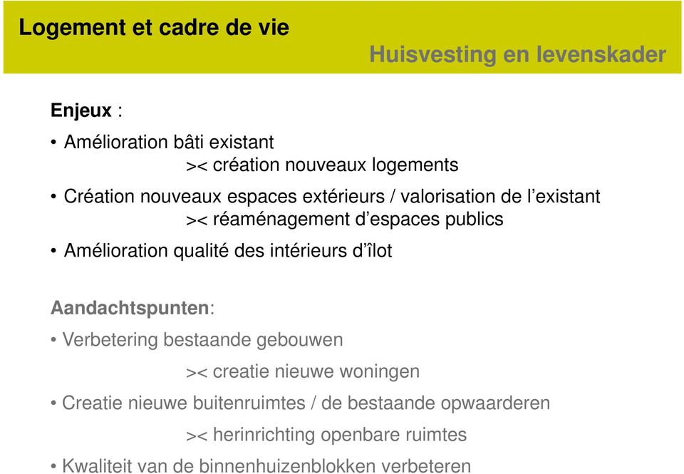 qualité des intérieurs d îlot Aandachtspunten: Verbetering bestaande gebouwen >< creatie nieuwe woningen Creatie