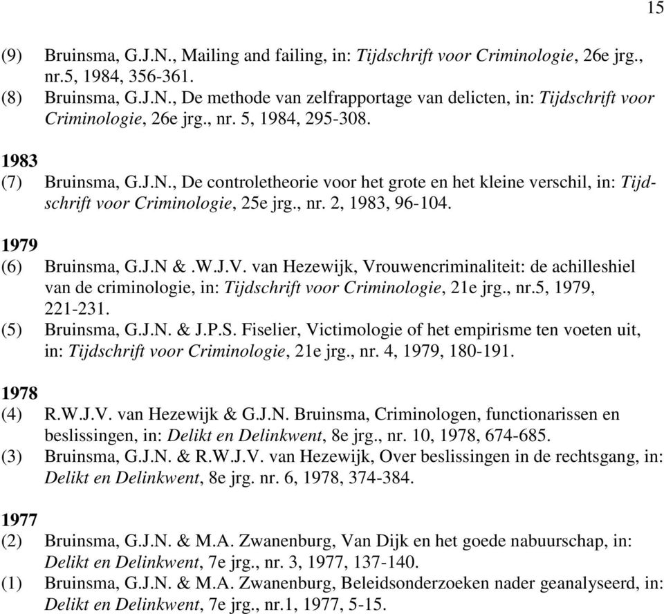 W.J.V. van Hezewijk, Vrouwencriminaliteit: de achilleshiel van de criminologie, in: Tijdschrift voor Criminologie, 21e jrg., nr.5, 1979, 221-231. (5) Bruinsma, G.J.N. & J.P.S.