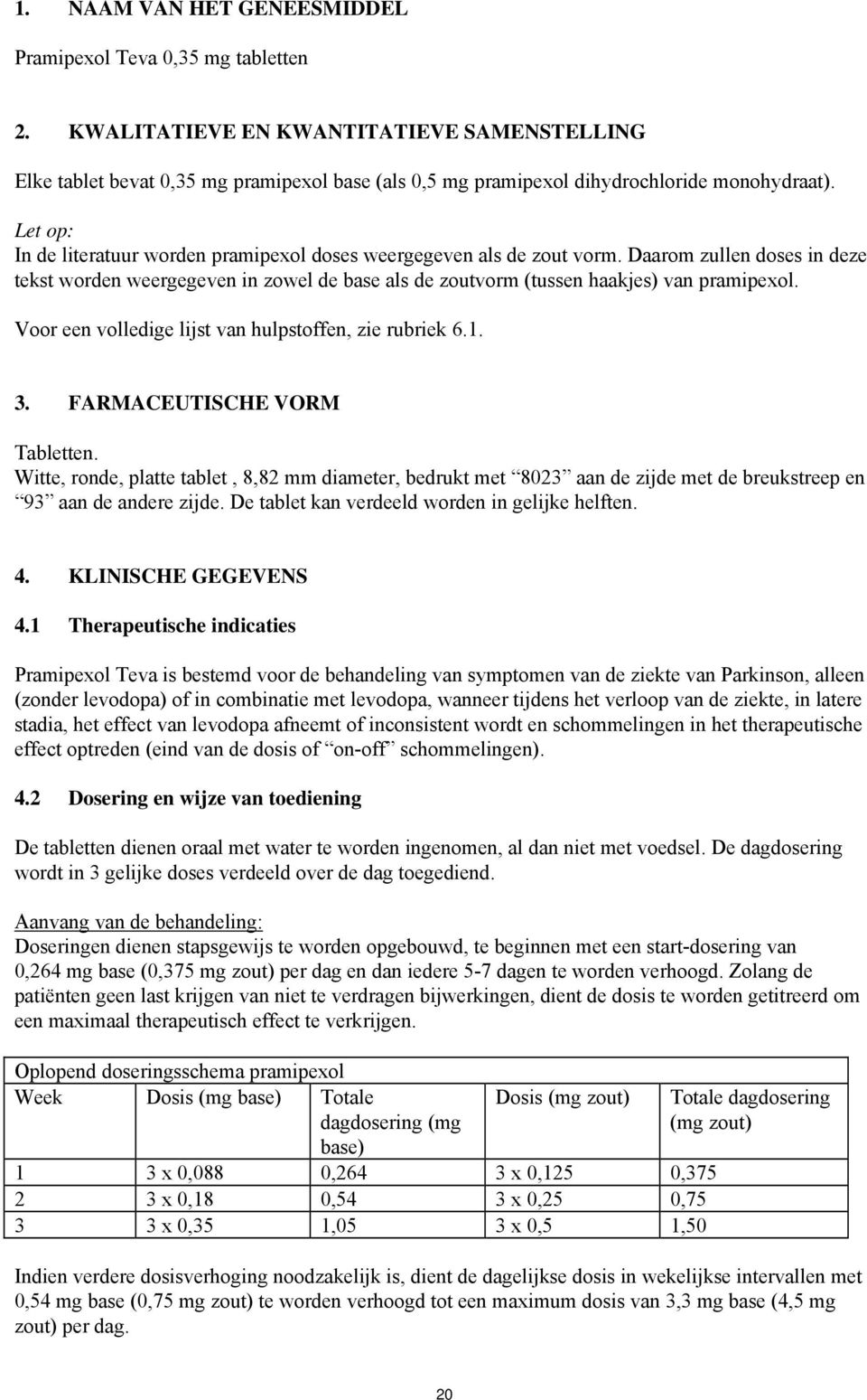 Let op: In de literatuur worden pramipexol doses weergegeven als de zout vorm. Daarom zullen doses in deze tekst worden weergegeven in zowel de base als de zoutvorm (tussen haakjes) van pramipexol.