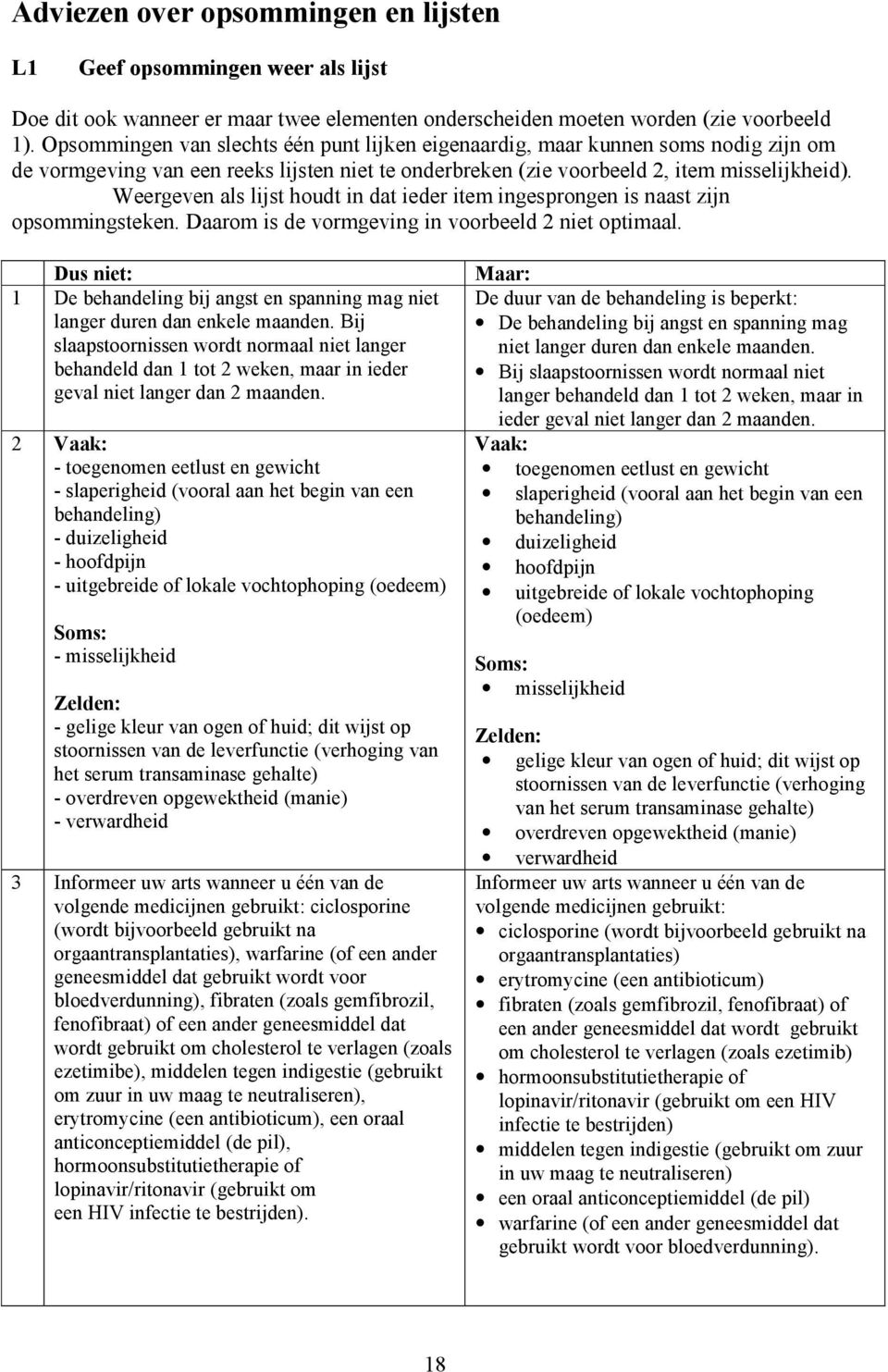 Weergeven als lijst houdt in dat ieder item ingesprongen is naast zijn opsommingsteken. Daarom is de vormgeving in voorbeeld 2 niet optimaal.