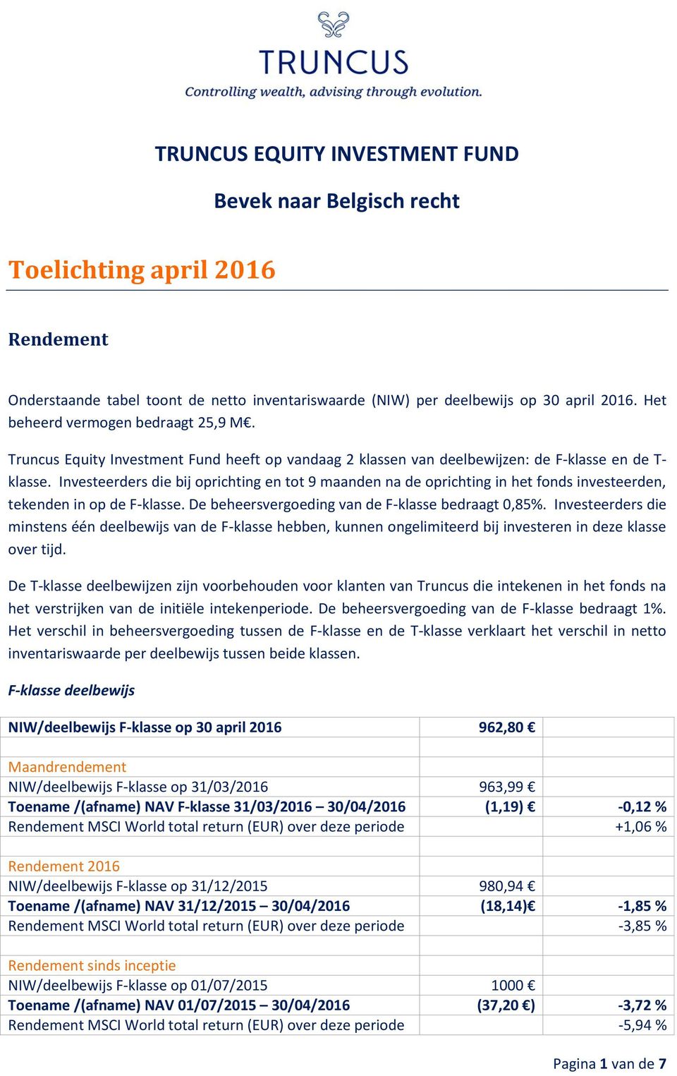 Investeerders die bij oprichting en tot 9 maanden na de oprichting in het fonds investeerden, tekenden in op de F-klasse. De beheersvergoeding van de F-klasse bedraagt 0,85%.