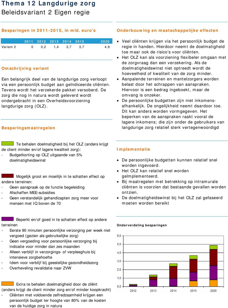 Tevens wordt het verzekerde pakket versoberd. De zorg die nog in natura wordt geleverd wordt ondergebracht in een Overheidsvoorziening langdurige zorg (OLZ).