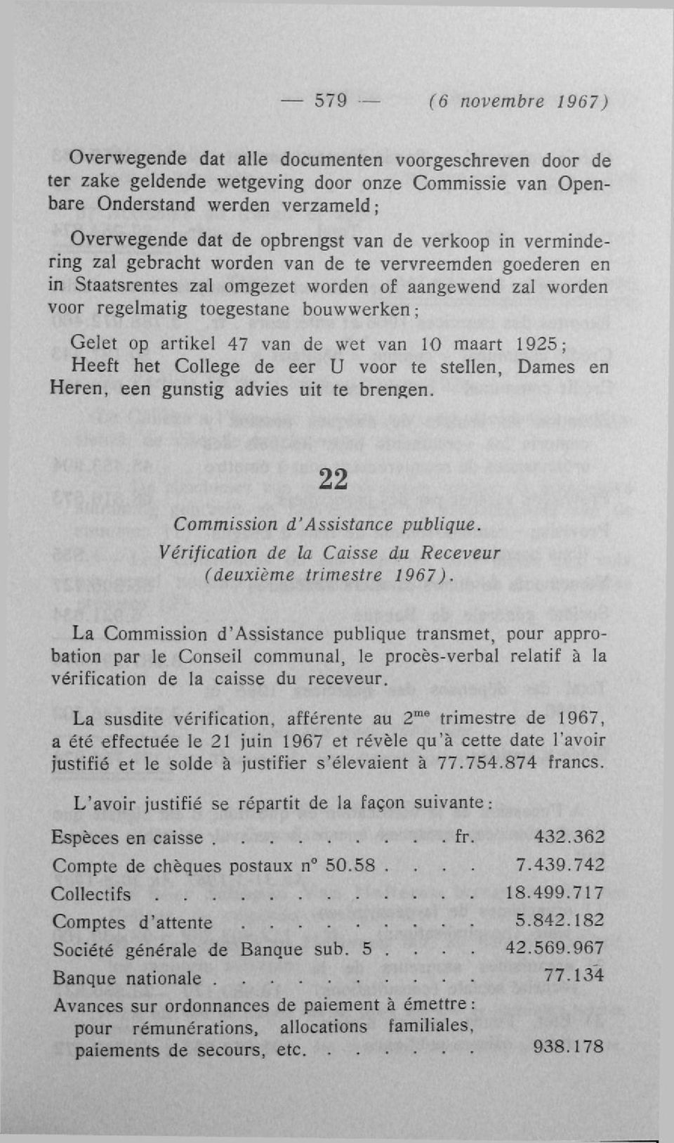 van de wet van 10 maart 1925; Heeft het Collège de eer U voor te stellen, Dames en Heren, een gunstig advies uit te brengen. 22 Commission d'assistance publique.