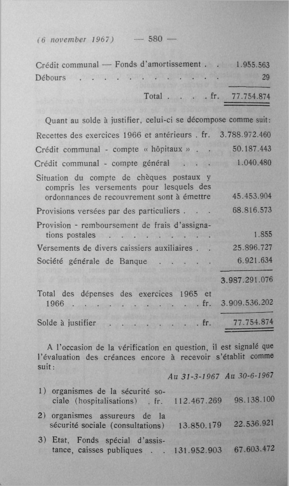 443 Crédit communal - compte général... 1.040.480 Situation du compte de chèques postaux y compris les versements pour lesquels des ordonnances de recouvrement sont à émettre 45.453.