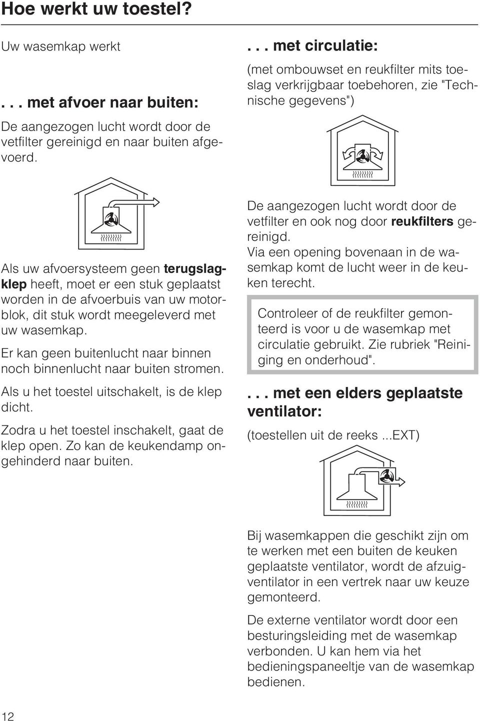 de afvoerbuis van uw motorblok, dit stuk wordt meegeleverd met uw wasemkap. Er kan geen buitenlucht naar binnen noch binnenlucht naar buiten stromen. Als u het toestel uitschakelt, is de klep dicht.