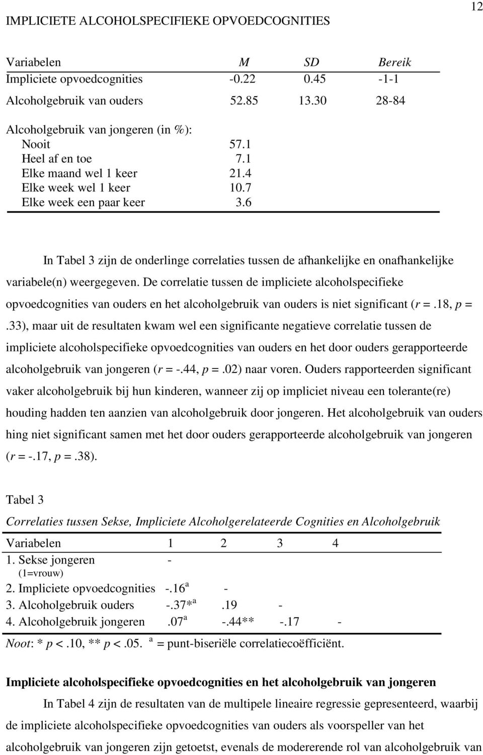 De correlatie tussen de impliciete alcoholspecifieke opvoedcognities van ouders en het alcoholgebruik van ouders is niet significant (r =.18, p =.