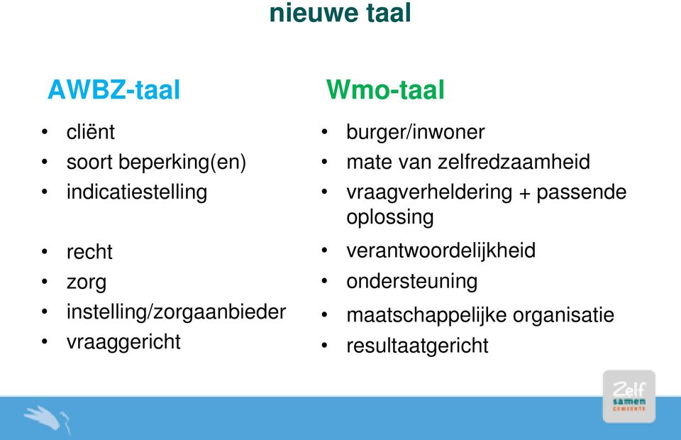 burger/inwoner mate van zelfredzaamheid vraagverheldering + passende