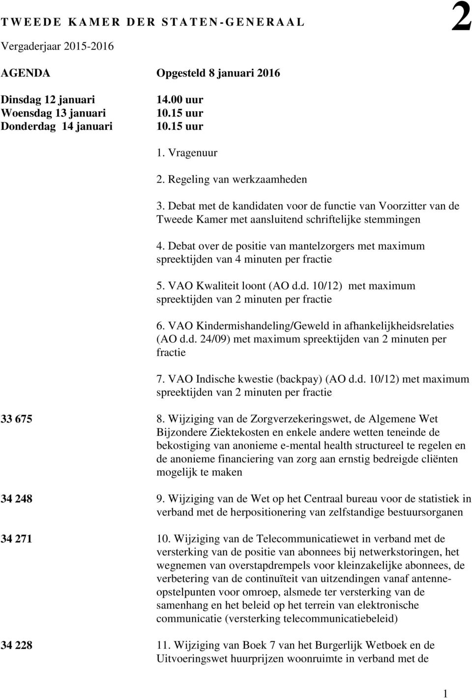 Debat over de positie van mantelzorgers met maximum spreektijden van 4 minuten per fractie 5. VAO Kwaliteit loont (AO d.d. 10/12) met maximum spreektijden van 2 minuten per fractie 6.