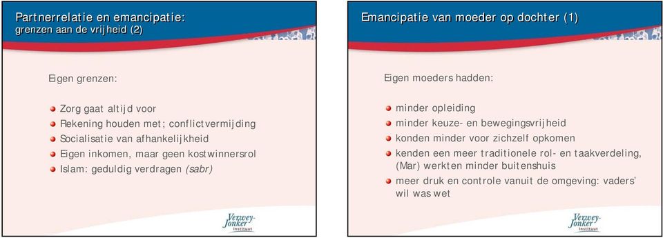 verdragen (sabr) Eigen moeders hadden: minder opleiding minder keuze- en bewegingsvrijheid konden minder voor zichzelf opkomen kenden