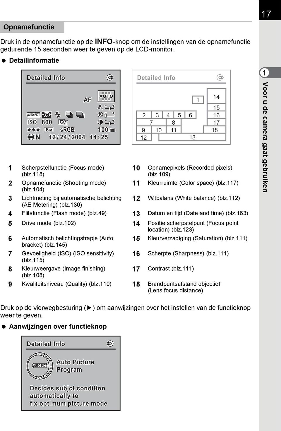 104) 3 Lichtmeting bij automatische belichting (AE Metering) (blz.130) Detailed Info 2 3 7 9 10 12 4 5 8 11 10 Opnamepixels (Recorded pixels) (blz.109) 11 Kleurruimte (Color space) (blz.