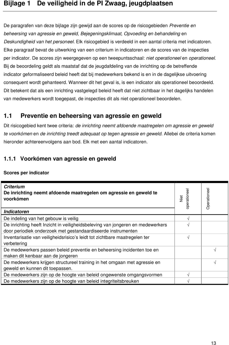 Elke paragraaf bevat de uitwerking van een criterium in indicatoren en de scores van de inspecties per indicator. De scores zijn weergegeven op een tweepuntsschaal: niet operationeel en operationeel.