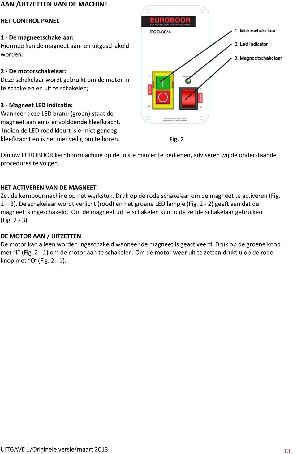 voldoende kleefkracht. Indien de LED rood kleurt is er niet genoeg kleefkracht en is het niet veilig om te boren. Fig.